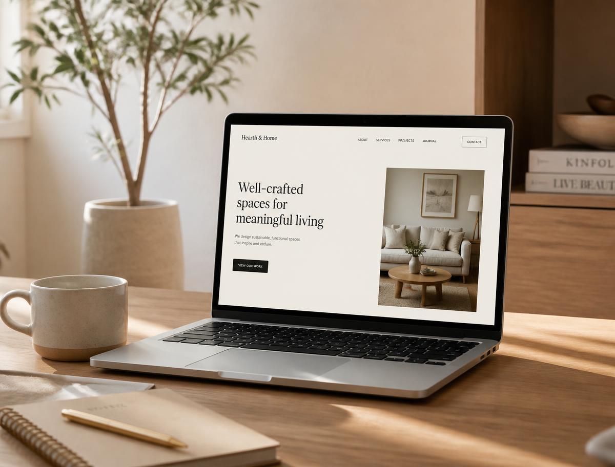 Minimalistischer Arbeitsplatz mit Laptop und modernem Webdesign